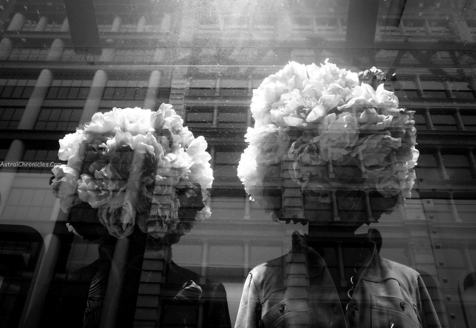 a person looking at a large display of cotton balls