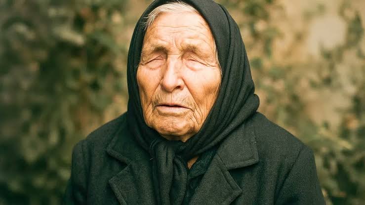 Portrait of blind Bulgarian mystic Baba Vanga wearing a traditional dark headscarf